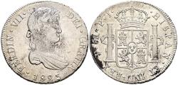 World Coins - FERNANDO VII (1808-1833). 8 Reales. (Ar. 26,72g/38mm). 1823. Potosí PJ. (Cal-2019-1388). MBC+. Oxidaciones limpiadas. Depósitos.
