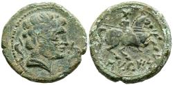 Ancient Coins - SECAISA (Segeda, Zaragoza). As. (Ae. 8,42g/25mm). 120-20 a.C. (FAB-2137). Anv: Cabeza masculina a derecha, entre dos delfines. Rev: Jinete con lanza a derecha, debajo leyenda ibér