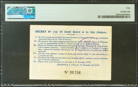 World Coins - ANDORRA. 5 Pessetes. 19 de Diciembre de 1936. Sin serie y bajísima numeración (Nº00758). (Edifil 2021: 6, Pick: 3). Rarísimo en esta conservación. EBC. Encapsulado PMG50. (para ha