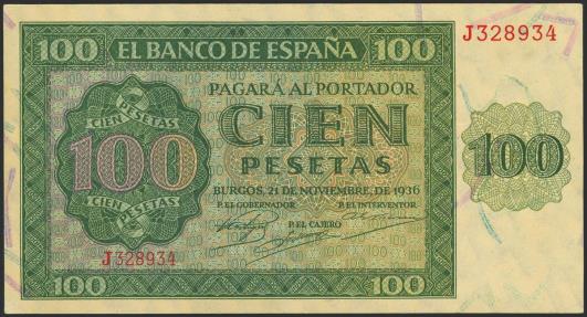 World Coins - 100 Pesetas. 21 de Noviembre de 1936. Serie J. (Edifil 2023: 421a). Conserva parte de su apresto original. EBC.