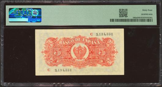 World Coins - 5 Pesetas. 18 de Julio de 1937. Serie C, última serie emitida. (Edifil 2023: 424b, Pick: 106a). SC. Encapsulado PMG64.