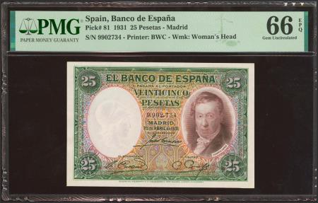 World Coins - 25 Pesetas. 25 de Abril de 1931. Sin serie. (Edifil 2021: 358, Pick: 81). Raro en esta excepcional calidad, apresto original. SC. Encapsulado PMG66EPQ.