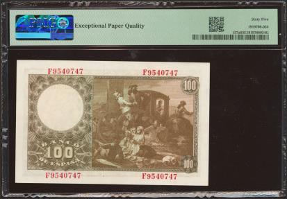 World Coins - 100 Pesetas. 2 de Mayo de 1948. Serie F. (Edifil 2023: 456a, Pick: 137a). Inusual en esta excepcional calidad, apresto original. SC. Encapsulado PMG65EPQ.