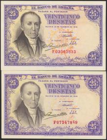 World Coins - 25 Pesetas. 19 de Febrero de 1946. Pareja correlativa. Serie F. (Edifil 2023: 450a). Apresto original. SC-.