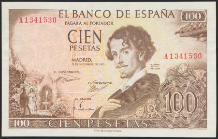 World Coins - 100 Pesetas. 19 de Noviembre de 1965. Serie A. (Edifil 2021: 470a). Conserva gran parte del apresto original. EBC+.