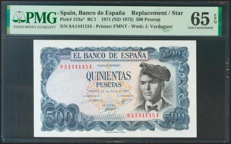World Coins - 500 Pesetas. 23 de Julio de 1971. Serie especial 9A. (Edifil 2021: 473b, Pick: 143a*). Raro en esta calidad, apresto original. SC. Encapsulado PMG65EPQ.