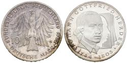 World Coins - ALEMANIA. 10 Marcos (Ar. 15,46g/33mm). 1994. Karlsruhe G. 250 Aniversario del nacimiento de Johann Gottfried Herder. (Km#184). EBC+.