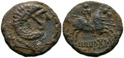 Ancient Coins - TITIACOS (Tricio, La Rioja). As. (Ae. 5,26g/23mm). 120-20 a.C. (FAB-2394). Anv: Cabeza masculina barbada a derecha, detrás letra ibérica: Ti. Rev: Jinete con lanza a derecha, deba