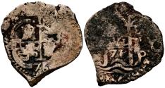 World Coins - CARLOS II (1665-1700). 1 Real. (Ar. 3,48g/20mm). 1676. Potosí E. (Cal-2019-262). Doble fecha. BC-. Oxidaciones.