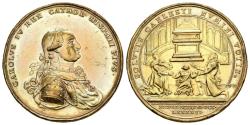 World Coins - CARLOS IV (1788-1808). Voto de los Reyes y Príncipe Fernando en la Academia de Sevilla. (Bronce sobredorado. 38,96g/49mm). 1796. Grabadores: Pardo y JBA. (Vives 183). Anv: Busto d