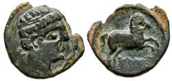Ancient Coins - BOLSCAN (Huesca, Aragón). Cuadrante. (Ae. 1,34g/15mm). 180-20 a.C. (FAB-1922). Anv: Cabeza diademada a derecha, detrás letra ibérica Bo. Rev: Caballo saltando a derecha, encima tr