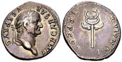 Ancient Coins - VESPASIANO. Denario. (Ar. 2,80g/20mm). 74 d.C. Roma. (RIC 703). Anv: Cabeza laureada de Vespasiano a derecha, alrededor leyenda: IMP CAESAR VESP AVG. Rev: Caduceo alado, alrededor