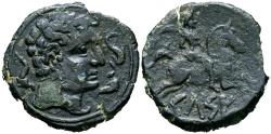 Ancient Coins - CELSE (Velilla del Ebro, Zaragoza). As. (Ae. 14,29g/28mm). 120-50 a.C. (FAB-771). Anv: Cabeza a derecha con manto y fíbula a derecha, alrededor tres delfines. Rev: Jinete con palm