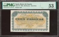 World Coins - 100 Pesetas. 15 de Agosto de 1938. Billete Provisional por dos años no emitido del Banco de España, Barcelona. Sin serie. (Edifil 2021: NE38, Pick: 91). Estaba prevista la emisión