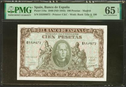 World Coins - 100 Pesetas. 9 de Enero de 1940. Serie D. (Edifil 2023: 438a, Pick: 118a). Muy raro en esta excepcional calidad, apresto original. SC. Encapsulado PMG65EPQ.
