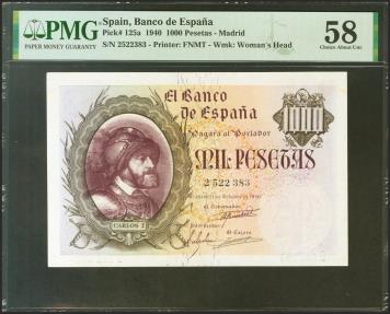 World Coins - 1000 Pesetas. 21 de Octubre de 1940. Sin serie. (Edifil 2021: 445, Pick: 125a). Inusual en esta calidad. EBC++. Encapsulado PMG58.