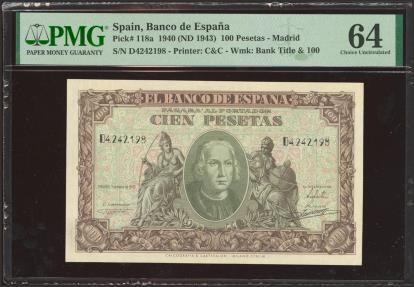 World Coins - 100 Pesetas. 9 de Enero de 1940. Serie D. (Edifil 2023: 438a, Pick: 118a). Inusual en esta calidad. SC. Encapsulado PMG64.