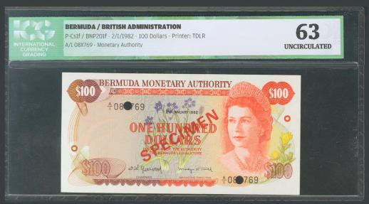 World Coins - BERMUDA. 1 to 100 Dollars. (1978ca). Bermuda Monetary Authory. Specimen. (Pick: 28/33s). ICG60, 66, 66, 63, 66, 63.
