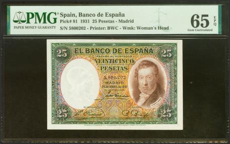 World Coins - 25 Pesetas. 25 de Abril de 1931. Sin serie. (Edifil 2023: 358, Pick: 81). Inusual en esta excepcional calidad, apresto original. SC. Encapsulado PMG65EPQ.