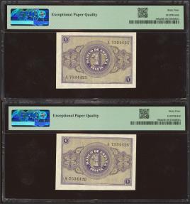 World Coins - 1 Pesetas. 30 de Abril de 1938. Pareja correlativa. Serie A. (Edifil 2023: 428, Pick: 108a). Apresto original. SC. Encapsulado PMG64EPQ, ambos.