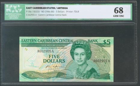World Coins - EAST CARIBBEAN STATES. 5 Dollars. 1986. Antigua. (Pick: 18a). ICG68.