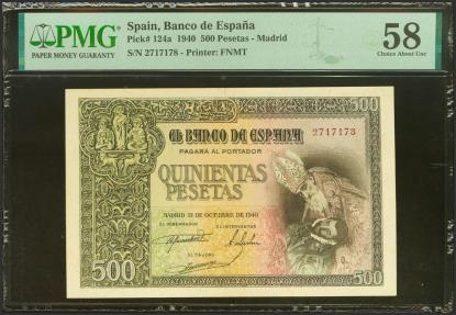 World Coins - 500 Pesetas. 21 de Octubre de 1940. Sin serie. (Edifil 2023: 444, Pick: 124a). Inusual en esta excepcional calidad. EBC++. Encapsulado PMG58.