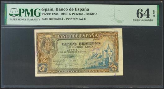 World Coins - 5 Pesetas. 4 de Septiembre de 1940. Serie B. (Edifil 2021: 443a, Pick: 123a). Inusual en esta calidad, apresto original. SC. Encapsulado PMG64EPQ.