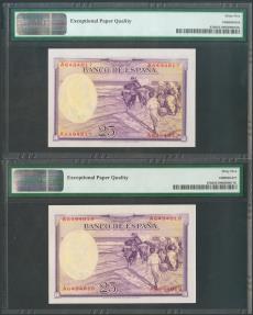 World Coins - 25 Pesetas. 31 de Agosto de 1936. Pareja correlativa. Serie A. (Edifil 2017: 367a). Apresto original e inusual. SC. Encapsulado PMG65EPQ, ambos.