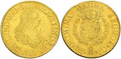 World Coins - FERNANDO VI (1746-1759). 8 Escudos. (Au. 26,95g/37mm). 1754. Lima JD. (Cal-2019-767). MBC+. Bonito y escaso ejemplar.<BR><BR>Fernando VI dejó acuñada la impronta de su busto exclu