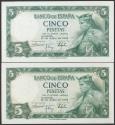 World Coins - 5 Pesetas. 22 de Julio de 1954. Pareja correlativa. Serie E. (Edifil 2017: 466a). Puntitos. SC-.