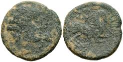Ancient Coins - OILAUNICOS (Zona norte del Ebro). As. (Ae. 13,39g/28mm). 120-20 a.C. (FAB-1861). Anv: Cabeza masculina a derecha, detrás punto, delante letras ibéricas: SOS. Rev: Jinete con ganch
