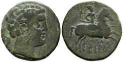 Ancient Coins - SESARS (Zona de Aragón). As. (Ae. 8,81g/24mm). 120-20 a.C. (FAB-2199). Anv: Cabeza masculina barbada a derecha, detrás delfín. Rev: Jinete con lanza a derecha, encima estrella, de