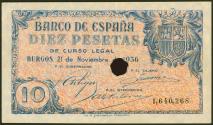 World Coins - 10 Pesetas. 21 de Noviembre de 1936. Sucursal de Burgos. Taladrado con numeración y sin serie. (Edifil 2021: 418T). Raro, puntitos de grapa sin ninguna importancia, como todos los