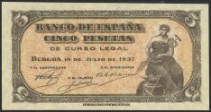 World Coins - 5 Pesetas. 18 de Julio de 1937. Serie A. (Edifil 2023: 424a, Pick: 106a). Inusual en esta excepcional calidad, apresto original. SC-.
