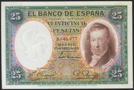 World Coins - 25 Pesetas. 25 de Abril de 1931. Sin serie. (Edifil 2017: 358). Conserva todo su apresto original. SC-.