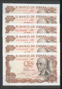 World Coins - Precioso e interesante conjunto de 26 billetes de 100 Pesetas emitidos el 17 de Noviembre de 1970, incluyendo todas las letras de la séptima emisión (6A, 6B capicúa, 6C capicúa, 6