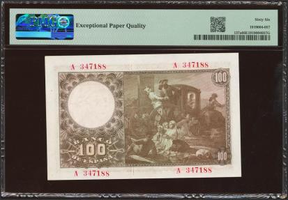 World Coins - 100 Pesetas. 2 de Mayo de 1948. Serie A. (Edifil 2023: 456a, Pick: 137a). Inusual en esta excepcional calidad, apresto original. SC. Encapsulado PMG66EPQ.