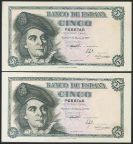 World Coins - 5 Pesetas. 5 de Marzo de 1948. Pareja correlativa. Serie E. (Edifil 2017: 455a). Apresto original. SC.