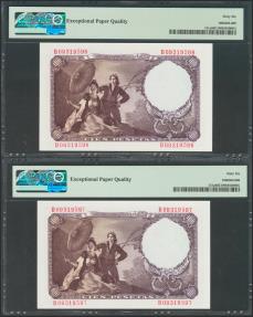 World Coins - 100 Pesetas. 19 de Febrero de 1946. Pareja correlativa. Serie B. (Edifil 2017: 451b). Conserva todo su apresto original. SC. Encapsulados PMG66EPQ, ambos.