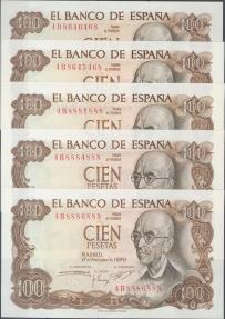 World Coins - Precioso e interesante conjunto de 10 billetes de 100 Pesetas emitidos el 17 de Noviembre de 1970, de la serie 4B (todos capicúas). (Edifil 2017: 472c). Raro conjunto y de muy bue