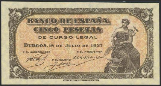 World Coins - 5 Pesetas. 18 de Julio de 1937. Serie A. (Edifil 2023: 424a, Pick: 106a). Inusual en esta excepcional calidad, apresto original. SC-.
