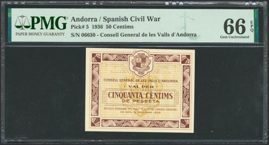 World Coins - ANDORRA. 50 Centims. 19 de Diciembre de 1936. Sin serie. (Edifil 2021: 1, Pick: 5). Raro en esta excepcional calidad, apresto original. SC. Encapsulado PMG66EPQ.
