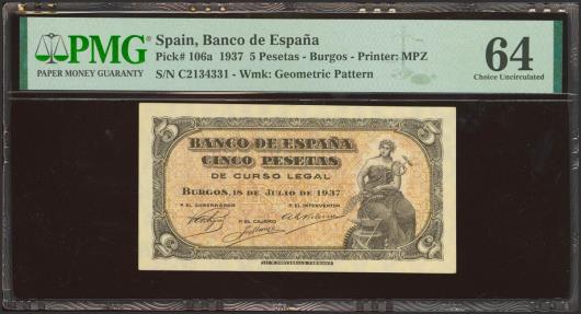 World Coins - 5 Pesetas. 18 de Julio de 1937. Serie C, última serie emitida. (Edifil 2023: 424b, Pick: 106a). SC. Encapsulado PMG64.