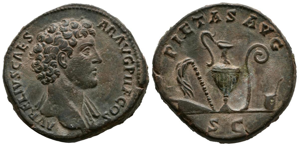 MARCUS AURELIUS. Sesterce. (Ae. 31.03g/34mm). (RIC 1234a). 140-144 AD Rome. Obv: Nude bust right
