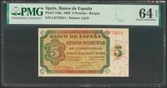 World Coins - 5 Pesetas. 10 de Agosto de 1938. Serie L. (Edifil 2017: 435a). Apresto original. SC. Encapsulado PMG64EPQ.