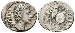 Ancient Coins - AUGUSTO. Denario. (Ar. 3,88g/15mm). 19 a.C. Colonia Patricia. (RIC 87a). Anv: Cabeza de Augusto a derecha, alrededor leyenda: CAESAR AVGVSTVS. Rev: Escudo con inscripción: CL V, e