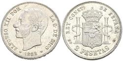 World Coins - ALFONSO XII (1874-1885). 2 Pesetas. (Ar. 10,02g/27mm). 1882 *18-82. Madrid MSM. (Cal-2019-32). EBC+. Restos de brillo original. Escasa en esta calidad.