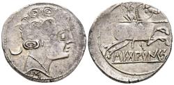 Ancient Coins - SECOBIRICES (Saelices, Cuenca). Denario. (Ar. 3,59g/21mm). 120-30 a.C. (FAB-2172). Anv: Cabeza masculina a derecha, detrás creciente, debajo letra ibérica: S. Rev: Jinete con lanz