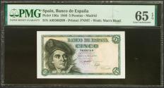 World Coins - 5 Pesetas. 15 de Marzo de 1948. Serie A. (Edifil 2023: 455a, Pick: 136a). Apresto original. SC. Encapsulado PMG65EPQ.