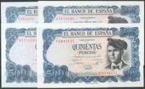 World Coins - Precioso e interesante conjunto de 26 billetes de 500 Pesetas emitidos el 23 de Julio de 1971, incluyendo todas las letras y el sin serie capicúa de la primera emisión (A, B, C, D